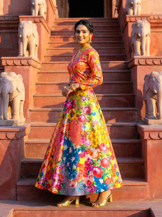 Multicolor Patchwork Digital Floral Print Silk Lehenga Choli Set with Full Sleeves