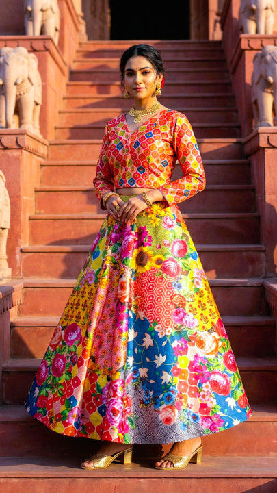 Multicolor Patchwork Digital Floral Print Silk Lehenga Choli Set with Full Sleeves