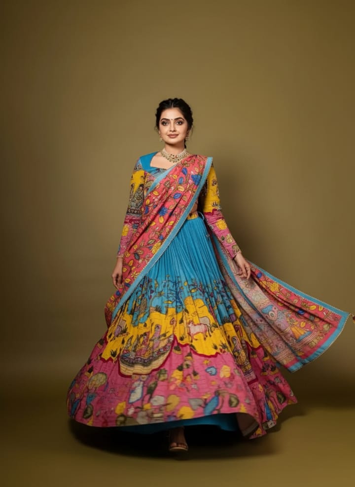 Sky Blue & Pink Pichwai Art Printed Silk Lehenga Choli with Full Sleeves & Printed Dupatta