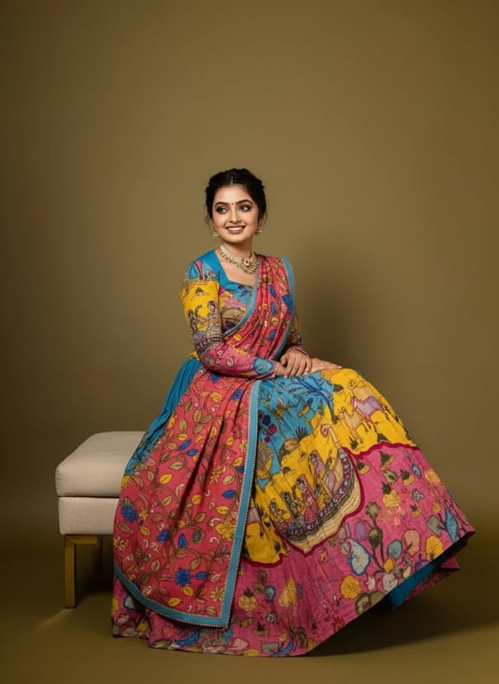 Sky Blue & Pink Pichwai Art Printed Silk Lehenga Choli with Full Sleeves & Printed Dupatta