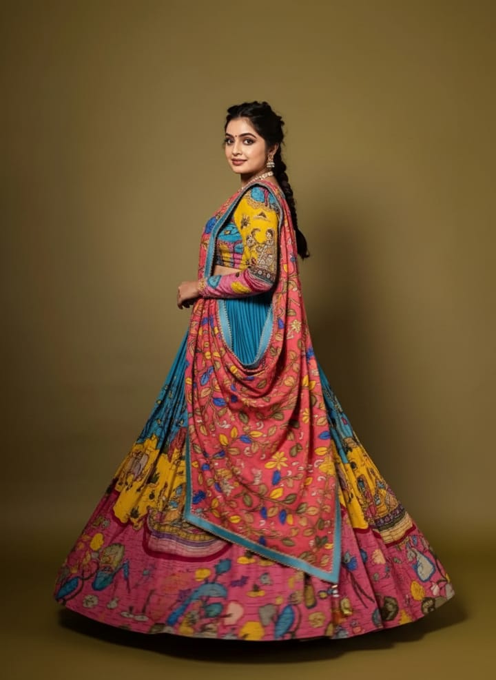 Sky Blue & Pink Pichwai Art Printed Silk Lehenga Choli with Full Sleeves & Printed Dupatta