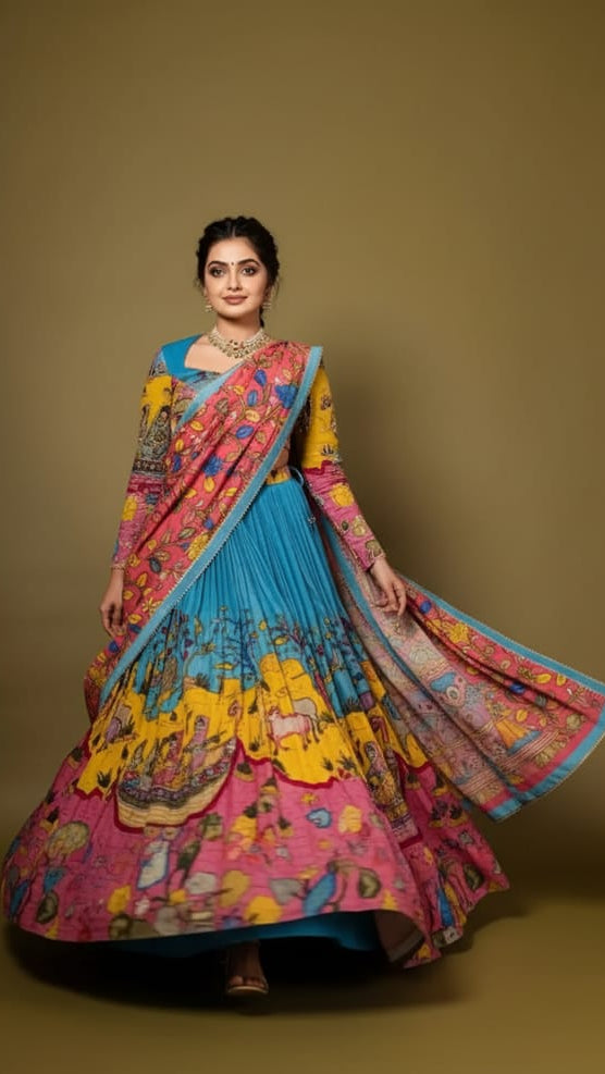 Sky Blue & Pink Pichwai Art Printed Silk Lehenga Choli with Full Sleeves & Printed Dupatta