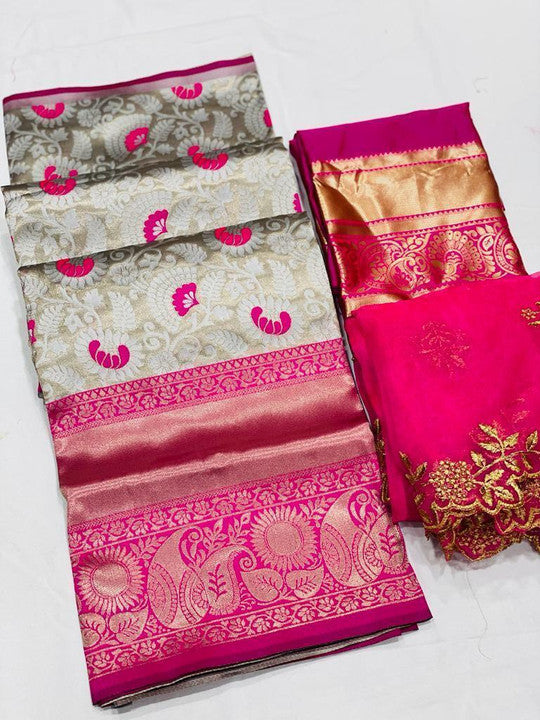Silver & Rani Pink Banarasi Silk Saree with Floral Jaal Weave & Embroidered Blouse Piece