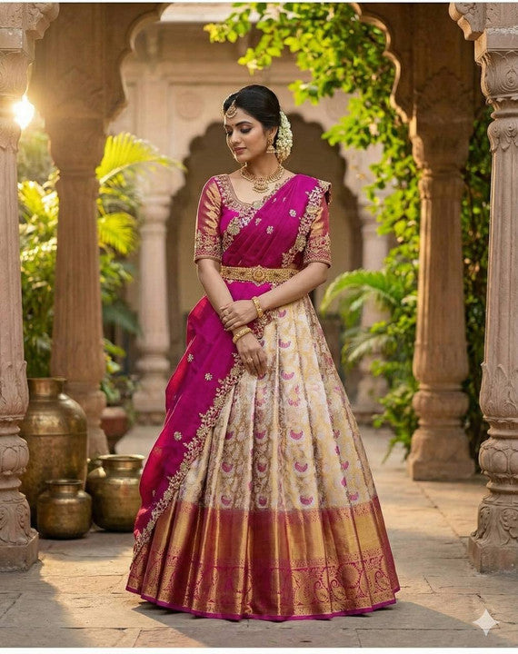 Cream & Magenta Pink Kanjivaram Silk Half Saree Set with Embroidered Scallop Dupatta & Maggam Blouse