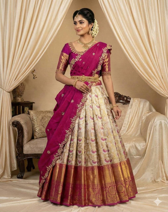 Cream & Magenta Pink Kanjivaram Silk Half Saree Set with Embroidered Scallop Dupatta & Maggam Blouse