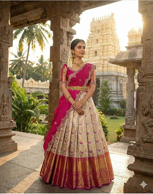 Cream & Magenta Pink Kanjivaram Silk Half Saree Set with Embroidered Scallop Dupatta & Maggam Blouse