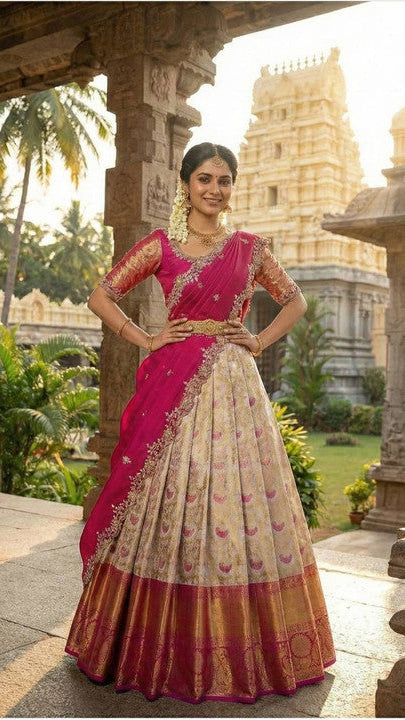 Cream & Magenta Pink Kanjivaram Silk Half Saree Set with Embroidered Scallop Dupatta & Maggam Blouse