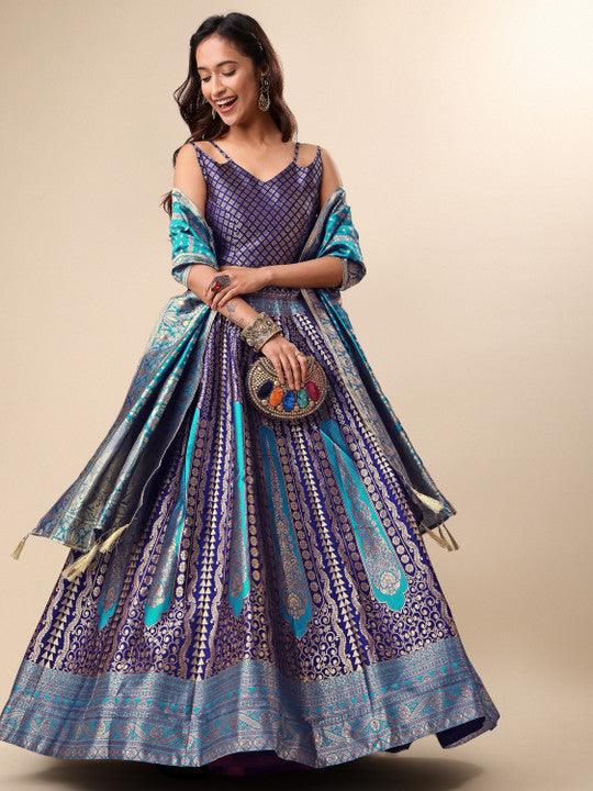 Royal Blue & Turquoise Banarasi Silk Woven Brocade Lehenga Choli Set with Dupatta