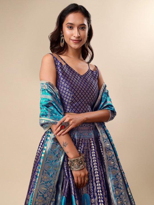 Royal Blue & Turquoise Banarasi Silk Woven Brocade Lehenga Choli Set with Dupatta