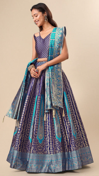 Royal Blue & Turquoise Banarasi Silk Woven Brocade Lehenga Choli Set with Dupatta