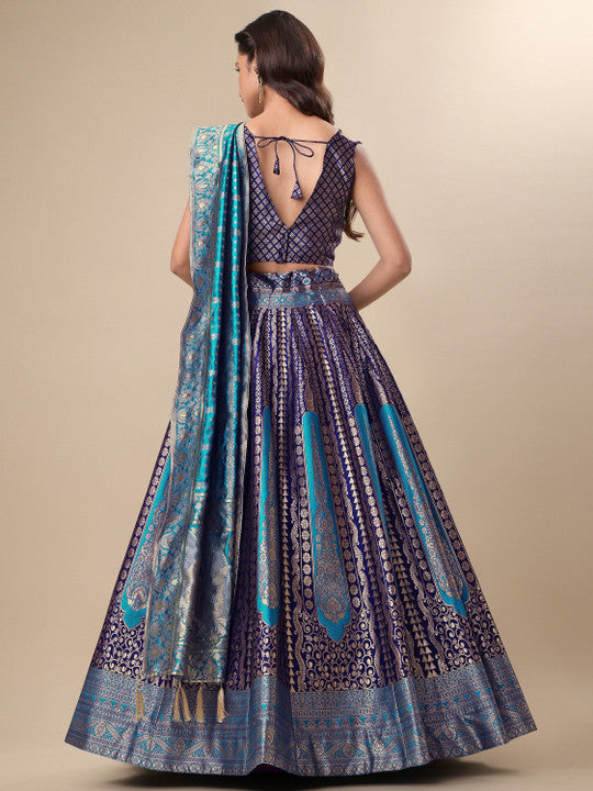 Royal Blue & Turquoise Banarasi Silk Woven Brocade Lehenga Choli Set with Dupatta