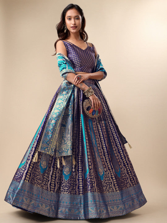 Royal Blue & Turquoise Banarasi Silk Woven Brocade Lehenga Choli Set with Dupatta