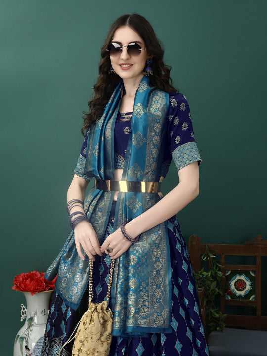Royal Blue & Turquoise Silk Brocade Lehenga Choli Set with Traditional Figure Motifs & Dupatta
