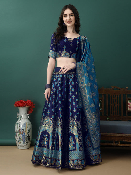 Royal Blue & Turquoise Silk Brocade Lehenga Choli Set with Traditional Figure Motifs & Dupatta