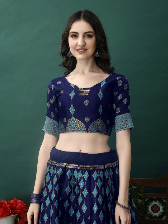 Royal Blue & Turquoise Silk Brocade Lehenga Choli Set with Traditional Figure Motifs & Dupatta