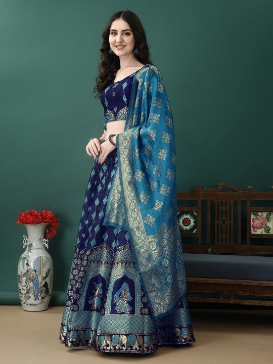 Royal Blue & Turquoise Silk Brocade Lehenga Choli Set with Traditional Figure Motifs & Dupatta