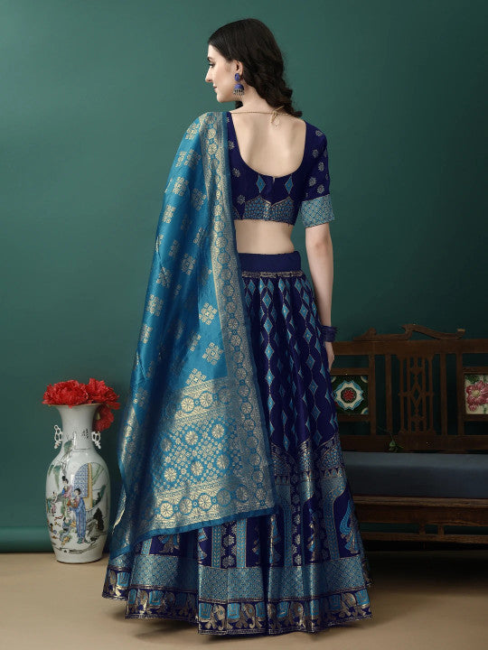 Royal Blue & Turquoise Silk Brocade Lehenga Choli Set with Traditional Figure Motifs & Dupatta