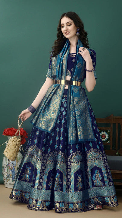 Royal Blue & Turquoise Silk Brocade Lehenga Choli Set with Traditional Figure Motifs & Dupatta