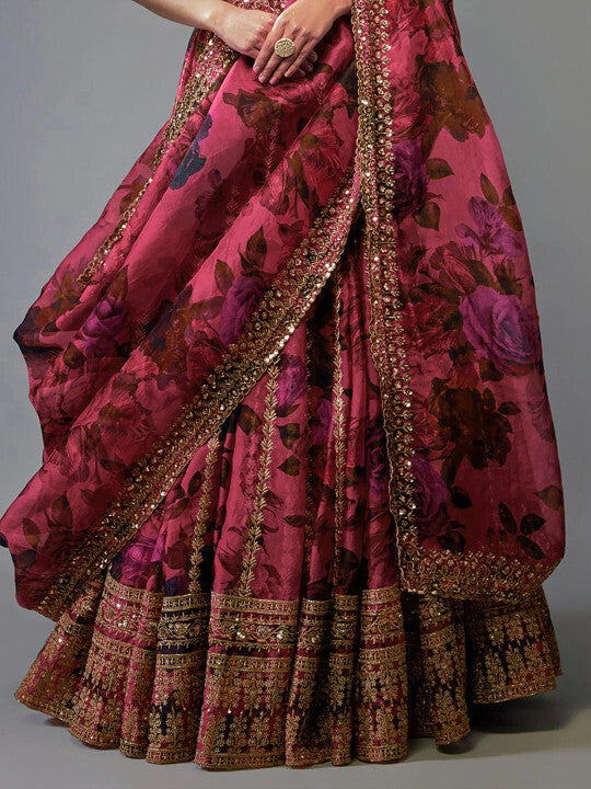 Dusty Rose Pink & Wine Floral Print Silk Organza Lehenga Choli Set with Mirror & Sequin Embroidery