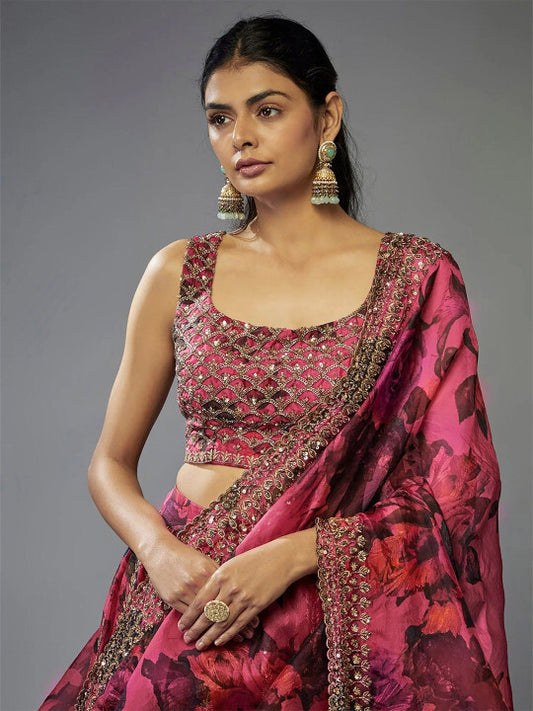 Dusty Rose Pink & Wine Floral Print Silk Organza Lehenga Choli Set with Mirror & Sequin Embroidery