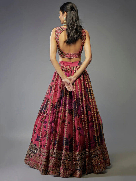 Dusty Rose Pink & Wine Floral Print Silk Organza Lehenga Choli Set with Mirror & Sequin Embroidery