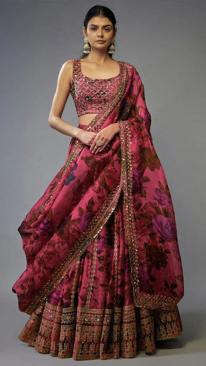 Dusty Rose Pink & Wine Floral Print Silk Organza Lehenga Choli Set with Mirror & Sequin Embroidery