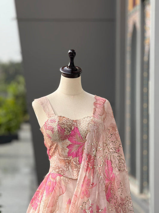 Blush Pink Floral Digital Print Organza Lehenga Gown Set with Pearl & Sequin Embroidered Corset