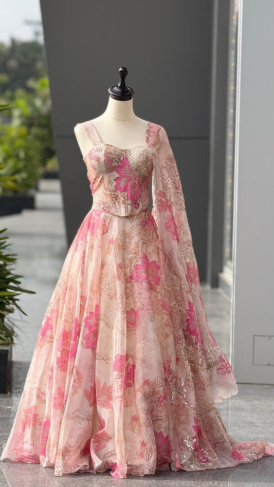 Blush Pink Floral Digital Print Organza Lehenga Gown Set with Pearl & Sequin Embroidered Corset