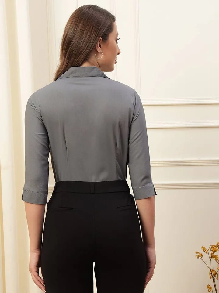 Women's Formal Grey V-Neck Shirt with 3/4th Sleeves