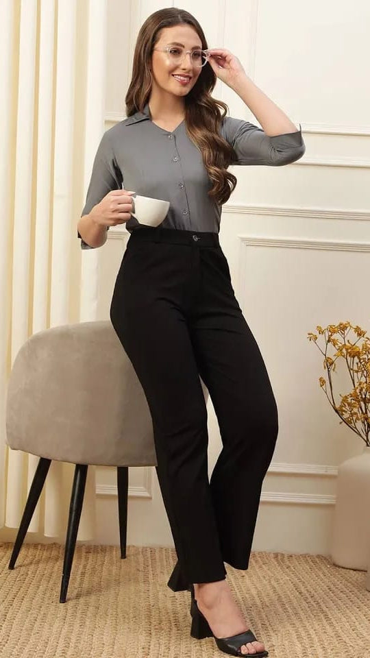 Women's Formal Grey V-Neck Shirt with 3/4th Sleeves
