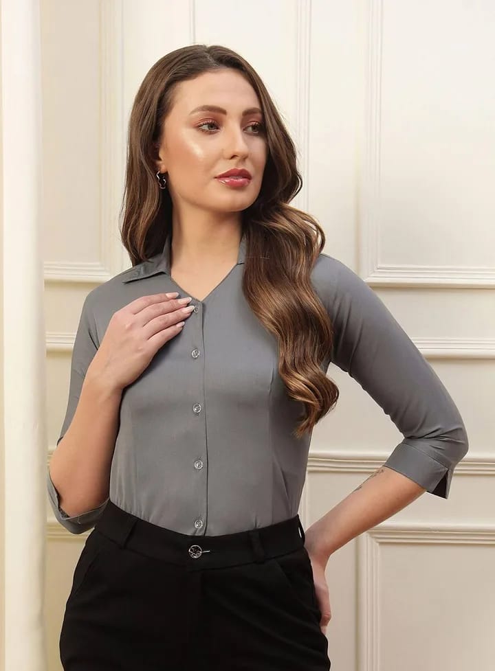 Women's Formal Grey V-Neck Shirt with 3/4th Sleeves