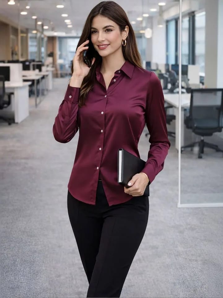 Women's Luxury Wine Red / Burgundy Satin Long Sleeve Formal Shirt
