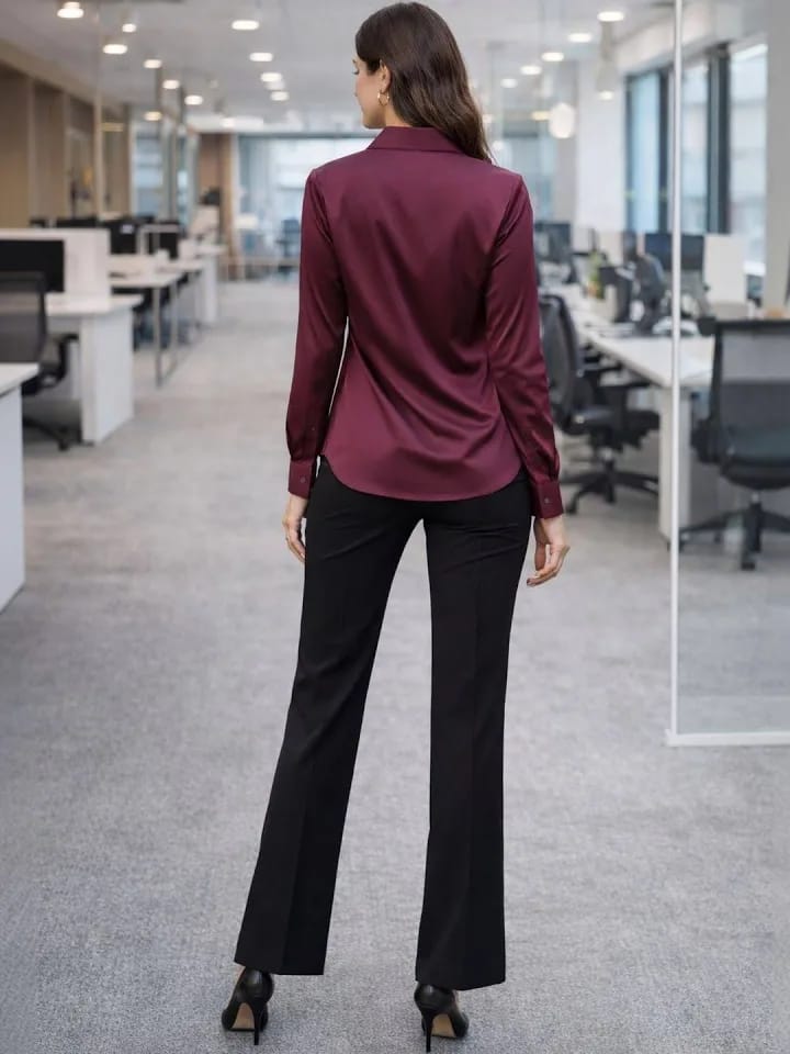 Women's Luxury Wine Red / Burgundy Satin Long Sleeve Formal Shirt