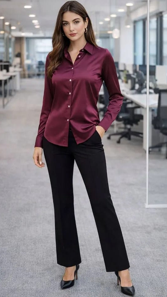 Women's Luxury Wine Red / Burgundy Satin Long Sleeve Formal Shirt
