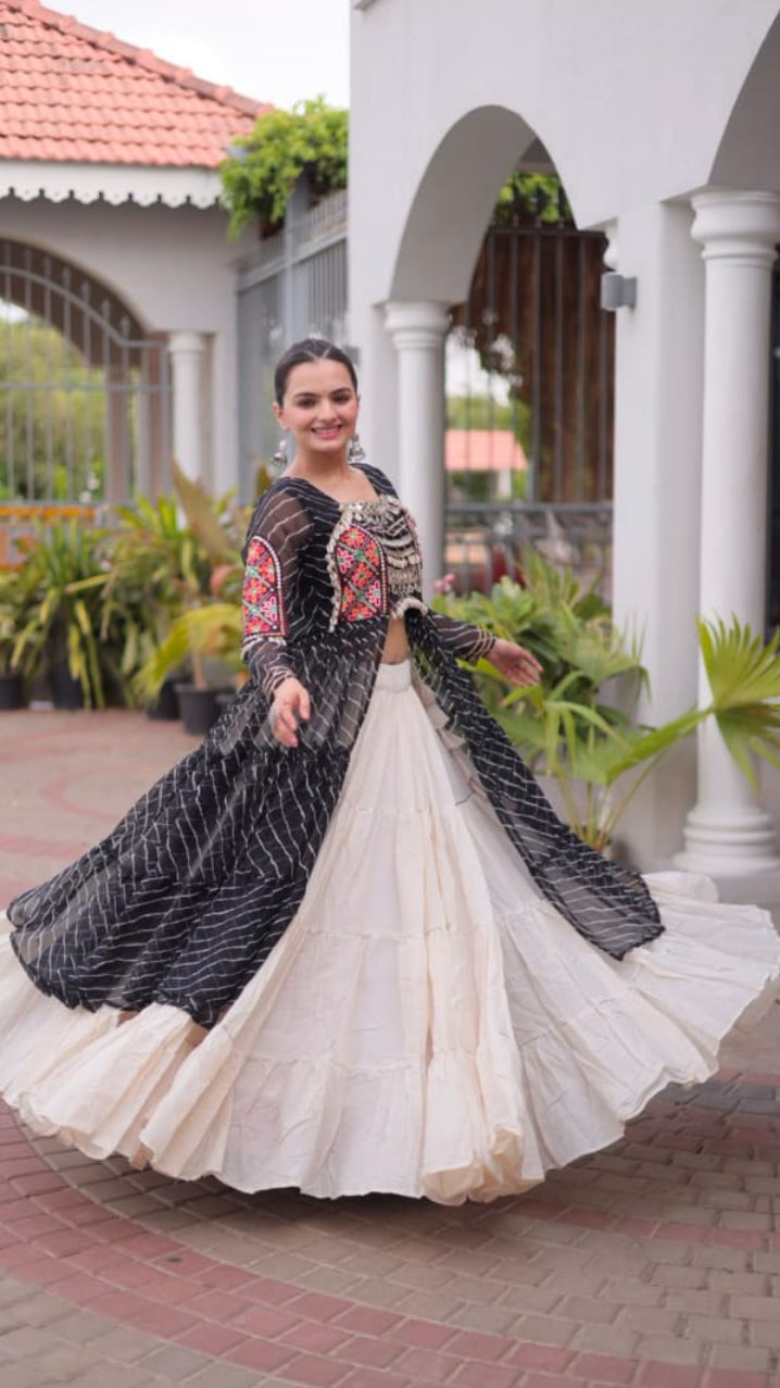 Women’s Black Leheriya Long Jacket with Embroidered Yoke & Off-White Tiered Skirt