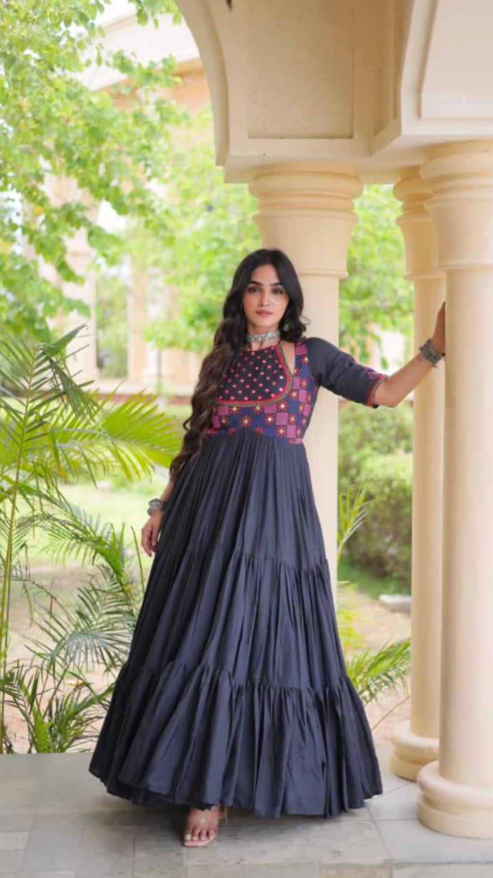 Women’s Charcoal Grey Tiered Anarkali Gown with Embroidered Yoke & Mirror Work