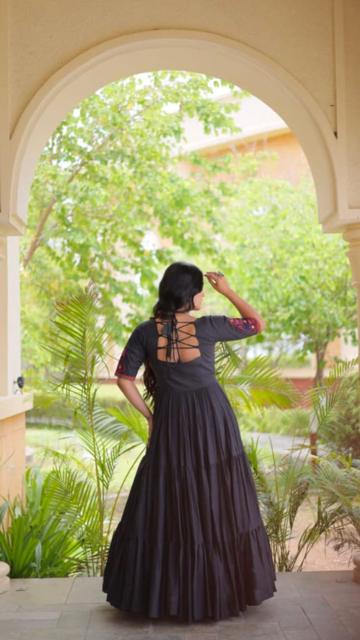 Women’s Charcoal Grey Tiered Anarkali Gown with Embroidered Yoke & Mirror Work