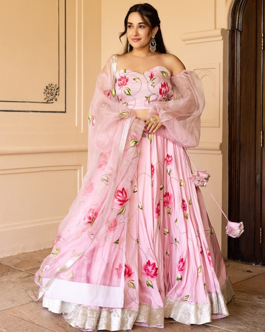 Women’s Baby Pink Hand-Painted Lotus Lehenga Choli Set with Off-Shoulder Sheer Balloon Sleeves