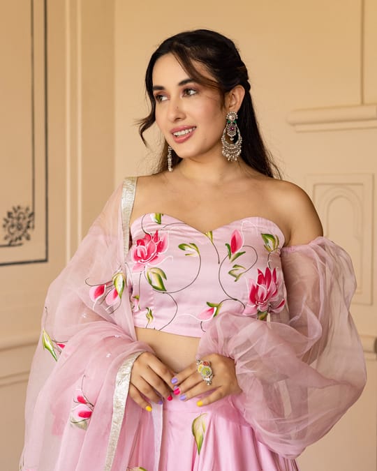 Women’s Baby Pink Hand-Painted Lotus Lehenga Choli Set with Off-Shoulder Sheer Balloon Sleeves