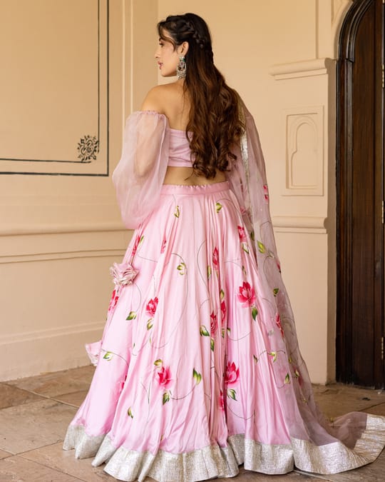 Women’s Baby Pink Hand-Painted Lotus Lehenga Choli Set with Off-Shoulder Sheer Balloon Sleeves