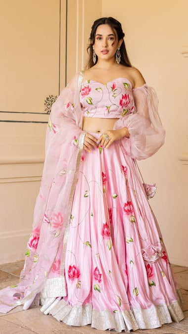 Women’s Baby Pink Hand-Painted Lotus Lehenga Choli Set with Off-Shoulder Sheer Balloon Sleeves