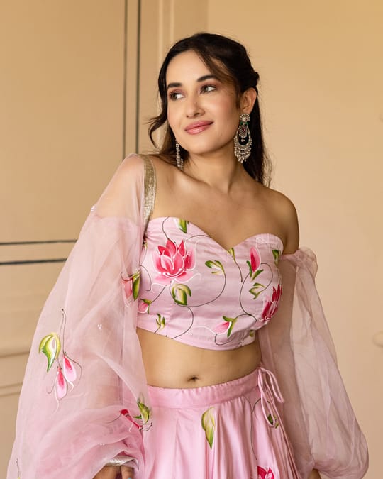 Women’s Baby Pink Hand-Painted Lotus Lehenga Choli Set with Off-Shoulder Sheer Balloon Sleeves