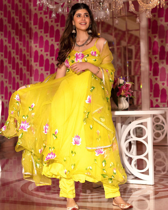 Women’s Lime Green Hand-Painted Lotus Floral Anarkali Suit Set with Organza Dupatta