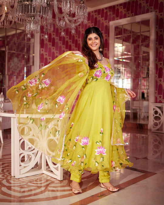 Women’s Lime Green Hand-Painted Lotus Floral Anarkali Suit Set with Organza Dupatta