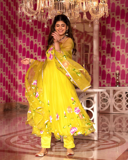 Women’s Lime Green Hand-Painted Lotus Floral Anarkali Suit Set with Organza Dupatta
