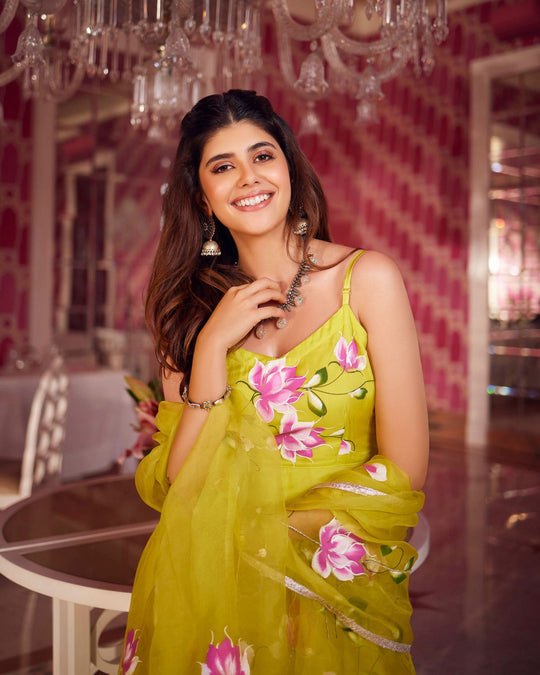 Women’s Lime Green Hand-Painted Lotus Floral Anarkali Suit Set with Organza Dupatta