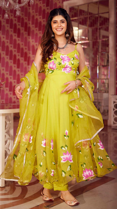 Women’s Lime Green Hand-Painted Lotus Floral Anarkali Suit Set with Organza Dupatta