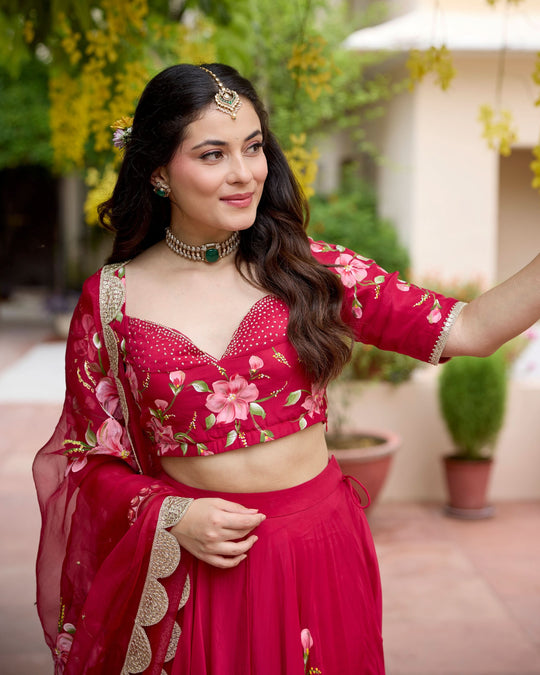 Women’s Fuchsia Red Hand-Painted Floral Lehenga Choli Set with Scalloped Organza Dupatta