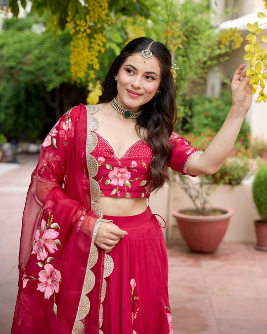 Women’s Fuchsia Red Hand-Painted Floral Lehenga Choli Set with Scalloped Organza Dupatta