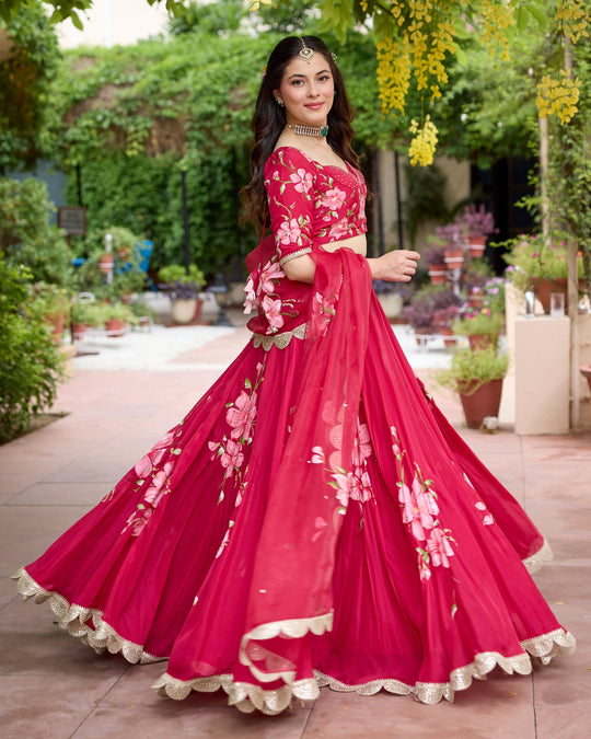 Women’s Fuchsia Red Hand-Painted Floral Lehenga Choli Set with Scalloped Organza Dupatta